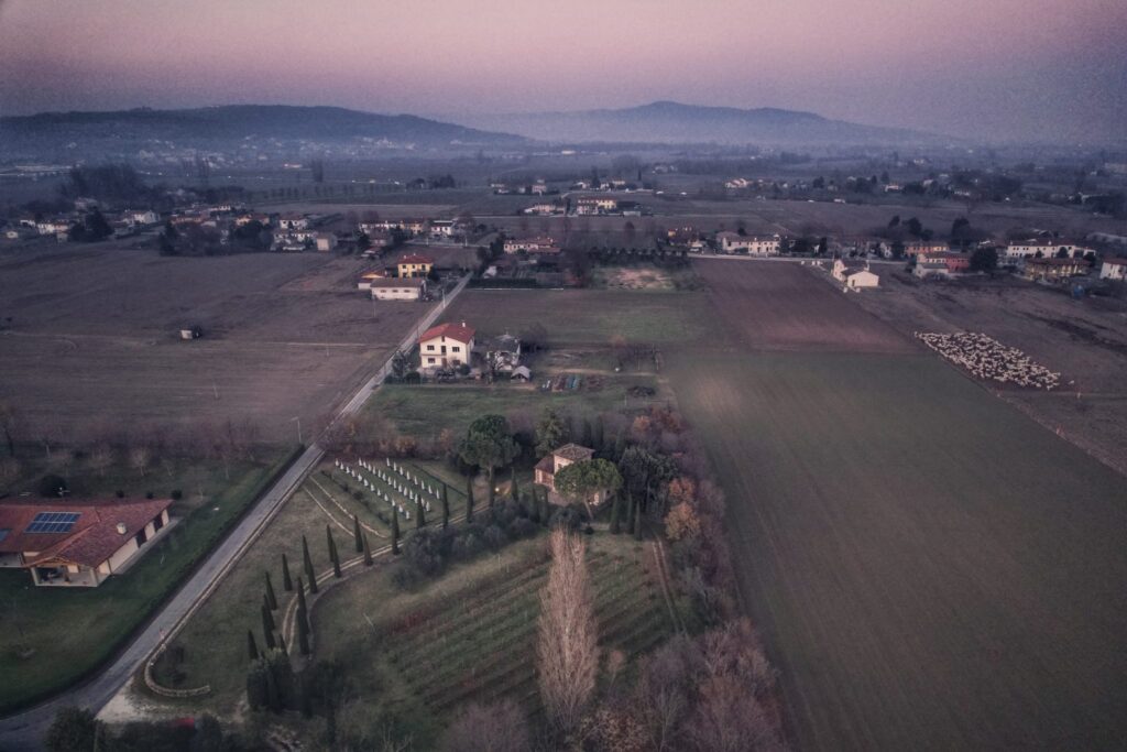 Vista dall'alto della torre e panoramica sullo sfondo di Parco Paradiso a Orgiano (Vicenza)